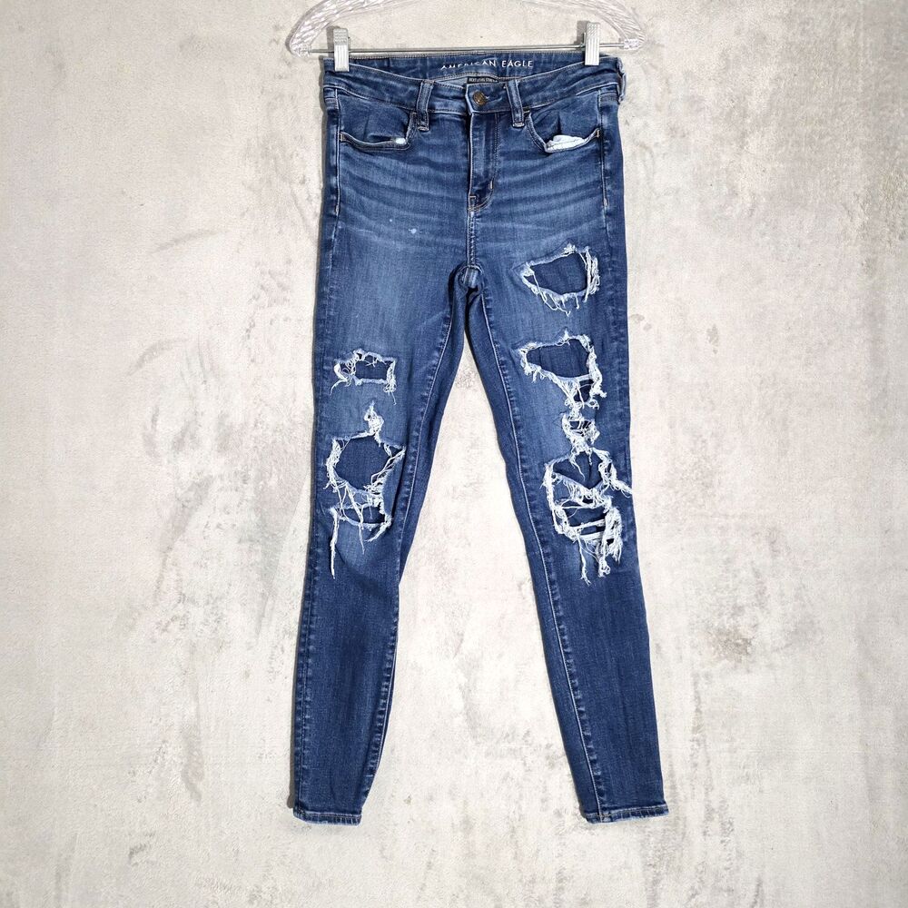 American Eagles Next Level Faux distressed jeans Stretch Jeggings Sz 4 Blue